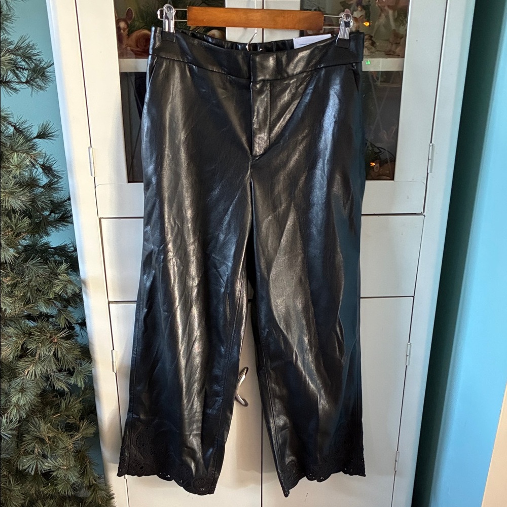 Chico’s sz 4 soft buttery Black Faux Leather Pants Lace Hem nwt polyurethane